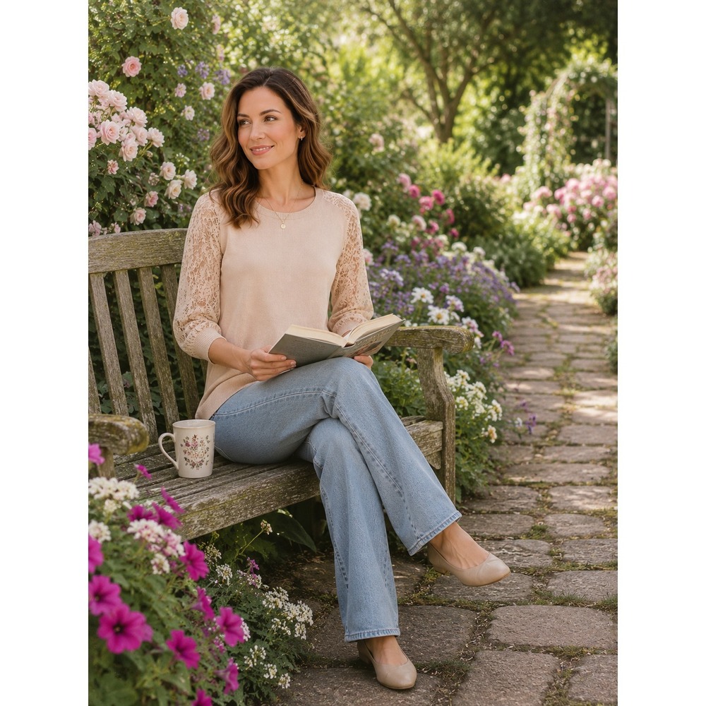 Blush Pink Lace Sleeve Sweater Top Cotton Blend 3/4 Sleeve Romantic Feminine